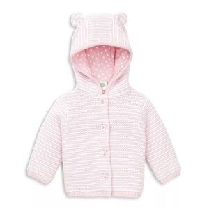 Little Me Pink and White Knit Baby Bear Hooded Sweater Jacket